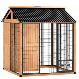 7 x 6 Extra Large Dog House, Wood Outdoor Dog Kennel with Storage Cabinet, Stainless Steel Bowls, Light Yellow