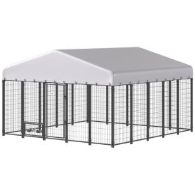 9.8 x 9.8 x 6 Outdoor Dog Kennel, Dog Kennel Outside Run with 360Â° Rotating Bowls, Waterproof & UV Resistant Cover