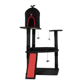 53in Gothic Cat Tree With Coffin Bed, Large Cat Tower With Spacious Cat Condo, Scratching Posts, Spider Hanging Toys, Scratching Board, Multi-Level Ca
