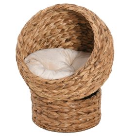 Handwoven Elevated Cat Bed with Soft Cushion & Egg Chair Shape, Basket Bed Kitty House with Stand, Raised Wicker House for Indoor Cats, 23.5" H, Light