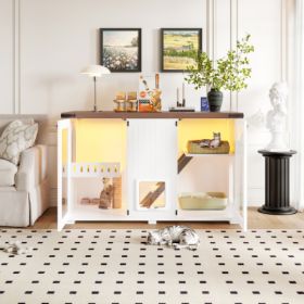 47.25 Large Cat Litter Box Enclosure With LED Light, Hidden Litter Box Furniture, Cat House With Stairs And Cat Scratching Post, Cat Cabinet Side Tabl