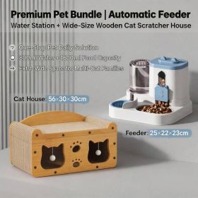 Cat Furniture Combo Set, 3 Style Multi Size Wooden Cat Scratcher House And 2 In One Blue White Automatic Feeder Water Dispenser 1600ml Food 800ml Wate (Option: S FAD BLUE MD CAT1)