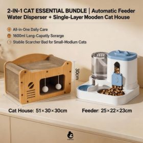 Cat Furniture Combo Set, 3 Style Multi Size Wooden Cat Scratcher House And 2 In One Blue White Automatic Feeder Water Dispenser 1600ml Food 800ml Wate (Option: S FAD BLUE MD TV)