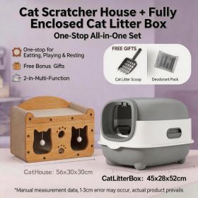 Cat Furniture Bundle, Multi Style Wooden Cat Scratcher House Fully Enclosed Odor Control Cat Litter Box, 2 In One Toilet Play Rest Combo With Free Lit (Option: E catlittlebox gray MD CAT1)