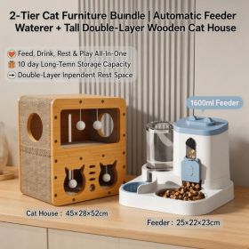 Cat Furniture Combo Set, 3 Style Multi Size Wooden Cat Scratcher House And 2 In One Blue White Automatic Feeder Water Dispenser 1600ml Food 800ml Wate (Option: S FAD BLUE MD CAT2)