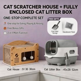 Cat Furniture Bundle, Multi Style Wooden Cat Scratcher House Fully Enclosed Odor Control Cat Litter Box, 2 In One Toilet Play Rest Combo With Free Lit (Option: E catlittlebox gray MD TV)