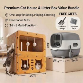 Cat Furniture Bundle, Multi Style Wooden Cat Scratcher House Fully Enclosed Odor Control Cat Litter Box, 2 In One Toilet Play Rest Combo With Free Lit (Option: E catlittlebox gray MD CAT2)